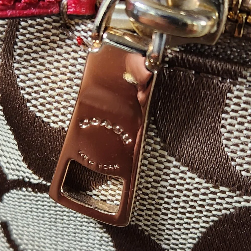 Like New Coach Signature Khaki & Red Leather Trim Shoulder Bag Tote Purse